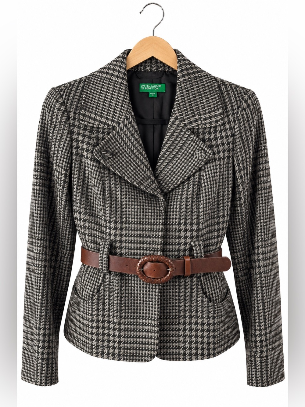 United Colors of Benetton Brown Houndstooth Belted Blazer Tailored Wool Preppy